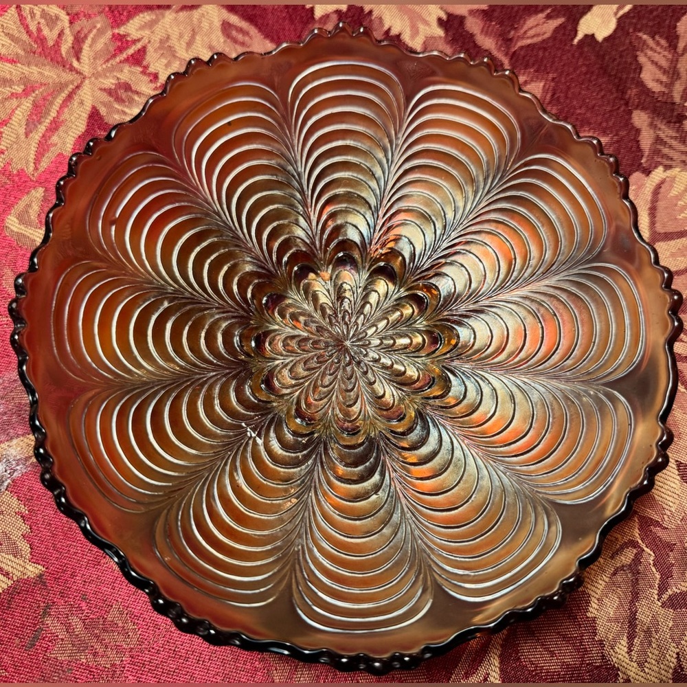 Antique Fenton Peacock Tail Carnival Glass Bowl, Marigold Iridized, c. 1910